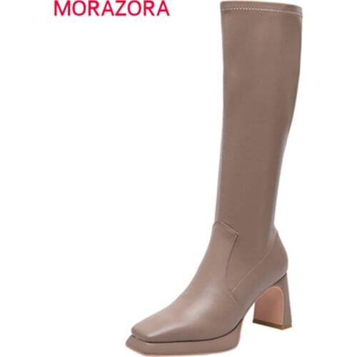 MORAZORA 2022 New Arrive Stretch Boots Women High Heels Casual Party Shoes Square Toe Zip Winter Knee High Boots Female