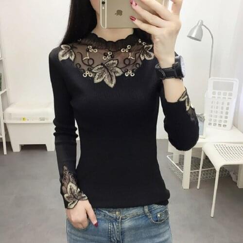 Black Lace Sexy Slim Turtleneck Pullovers Women Hollow out Elegant Sweaters Petal collar Tops Lady Full Sleeve stretch Jumpers