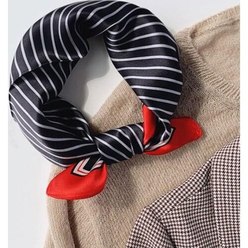 Luna&Dolphin Fashion Women Small Square Scarf 53x53 100% Real Silk Striped Balck White Bandanas Headbands Kerchief Neckcheif