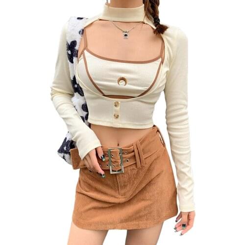2021 Fashion Trend Women Casual Two-piece Clothes Set Beige Embroidery Suspender Tops Long Sleeve Pullover Tees Spring Suits