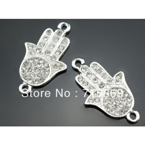 Free Ship100 pcs 30*18mm Silver Color Hamsa Hand Connectors Rhinestone In Alloy Connectors Links. Pave BraceletCrystal Bead