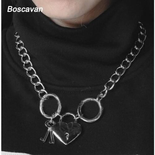 Fashion Women Men Unisex Heart Lock Chain Choker Padlock Collar Necklace Chains Link Metal Collar Gothic Lolita