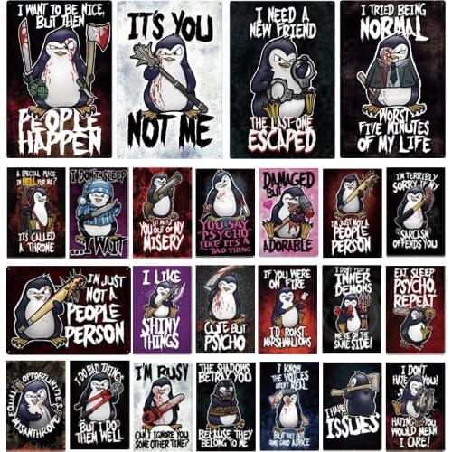 Metal Tin Sign Signs Dark Runaway Penguin Cartoon Poster Wall Art Decor For Bar Pub Club Cafe Home Room Decorative Iron Plaque