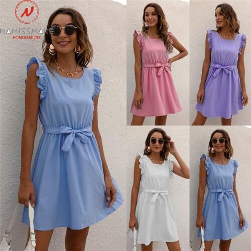 Fashion Women Summer Solid Color A-Line Dress for Streetwear Bandage Design Ruffles Decor O-Neck Sleeveless Mid Waist Slim Dress