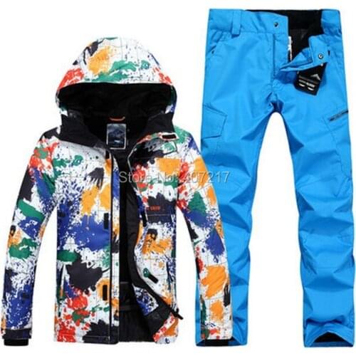 Mens Winter Ski Suit Male Ink Painting Skateboarding Jacket And Blue Pants Outdoor Sportswear Skiwear