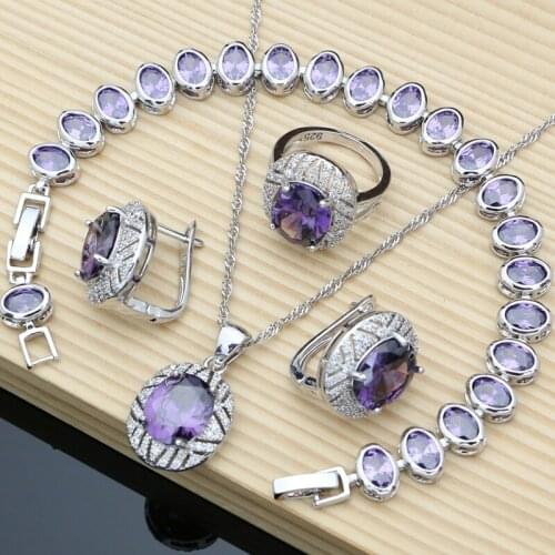 Romantic Amethyst 925 Silver Jewelry Sets Hoop Earrings Girlfriend Rings Fine Jewellry Bride Necklace Set Dropshipping