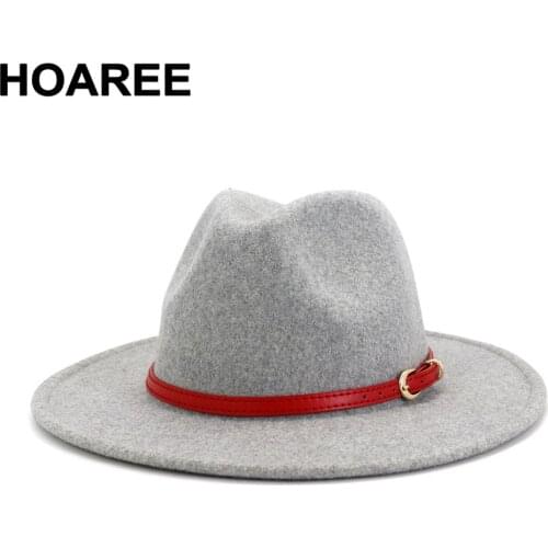 Gray Wool Fedora Hats Casual Men Women Felt Hat Belt Decoration Wide Brim British Style Panama Unisex Trilby Cap Chapeau