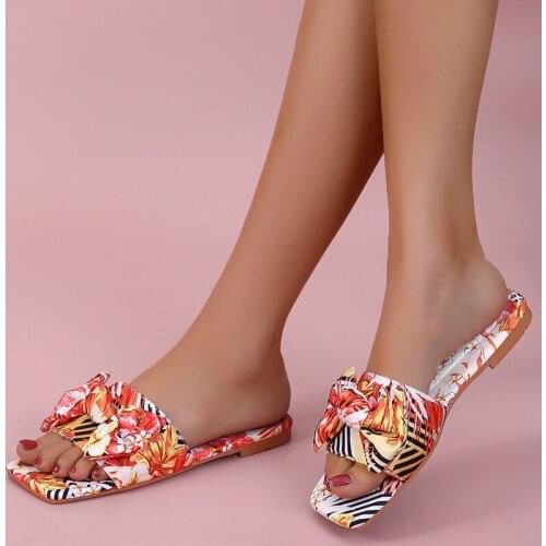 Hot Woman Square Toe Print Slippers Woman Bow Slide Peep Toe Flat Shoes Female Out Door Ladies Summer Beach Fashion Footwear