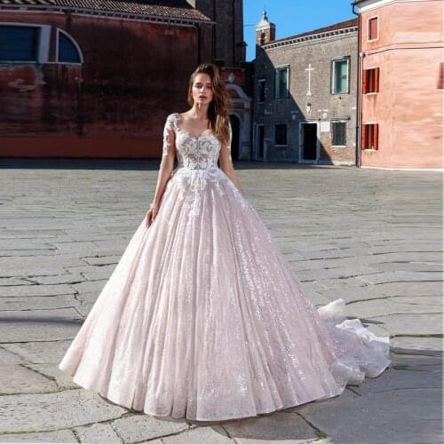 Vintage V-neck Sequined Tulle Lace Appliqued 3/4 Sleeve Wedding Dresses 2020 vestido novia Wedding Gowns