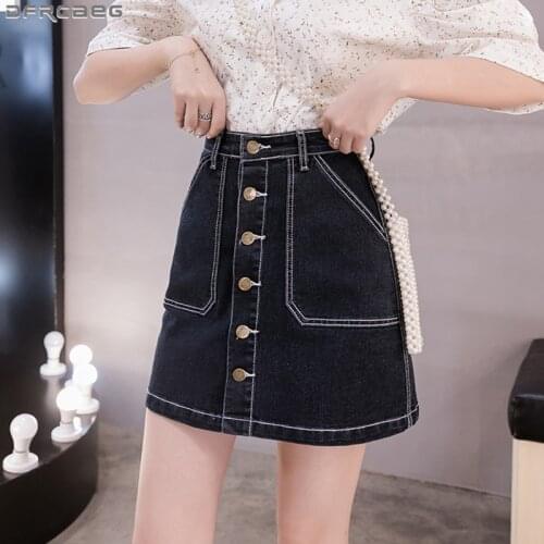 Plus Size Blue Black Jean Skirts For Ladies Elegant Single-Breasted Jupe Femme School Mini Saia High Waist Women Denim Skirt