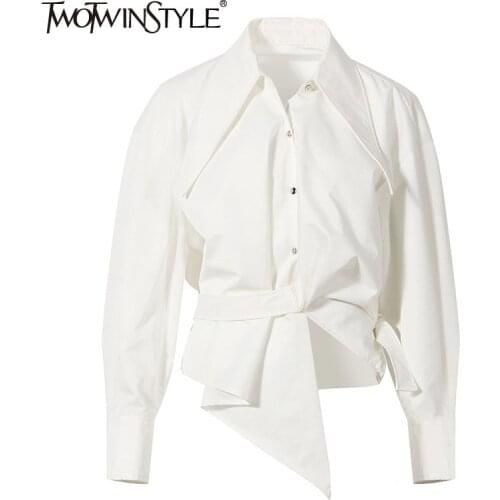 TWOTWINSTYLE Casual Irregular Hem Shirt For Women Lapel Long Sleeve White Short Blouse Female Fashion New Clothing 2021 Style