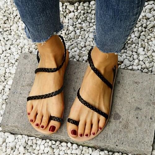 Women Sandals Summer Flip Flop Boho Beach Flat Shoes Weave Sandalias Mujer Plus Size Femmes Sandales Black Gold Solid Color