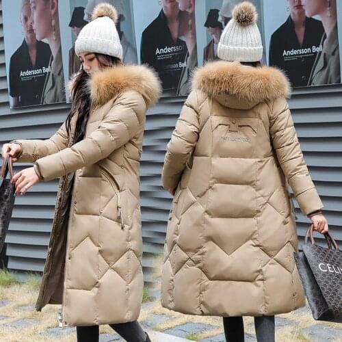 Plus Size X-long Winter Down Jacket Women Hooded Solid Casual Womens Down Coat With Fur Collar Solid Thick Overcoat FemaleY837