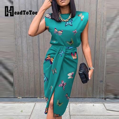 Butterfly Print Top & Slit Skirt Sets Workwear Tied Dtail Women Casual 2 Piece Outfits Weekend Wear