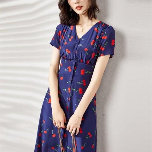 Navy Print Red Cherry Floral Silk Dresses Women Fashion 2021 Summer Long Casual Sexy Office Work Daily Dress Plus Size Slim