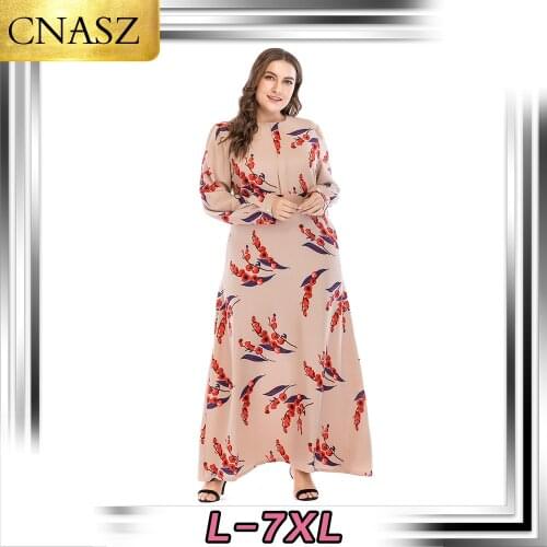 Plus Size Women Chiffon Print Long Sleeve Dress Spring O-Neck Zippers Vintage Long Maxi Dress