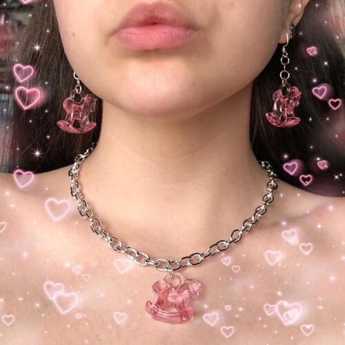 Y2K Pink Lovely Necklace Vintage Crystal Pendant Women Gold Color Beads Crescent Choker Necklaces Jewelry