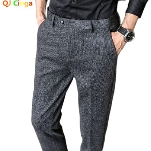 QJ CINGA Woolen Office Suit Pants Men Slim British Style Wool Business Formal Dress Trousers 2021