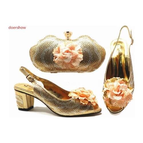 Doershow African ladyParty Italian Shoes with Matching Bags for Women Italian Ladies Shoe and Bag Set Decorated with gold!STB1-5