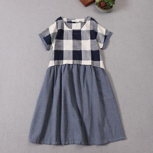 Japan Style Mori Girl Cotton linen Plaid Dress New Summer Literature O-Neck Short Sleeve Midi Dress Women