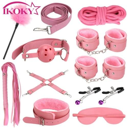 IKOKY Handcuffs Nipple Clamps Adjustable PU Leather Sex Tools For Adults Sex Games Sex Toys for Couple Rope Whip SM Bondage Set