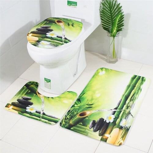 Chinese Style Green Bamboo Hot Spring Printing Flannel Toilet Pad 3PCS Bathroom Floor Mat Set Anti-Skid Toilet Cover & Floor Rug