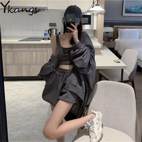 Casual 3Pieces Sets Sexy Camisole Elastic Wide Leg Shorts Hooded Lantern Long Sleeve Hoodies Coat Zipper Sweatshirts Women Suit