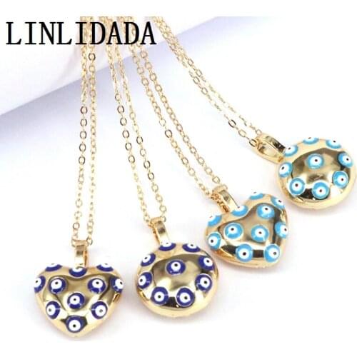 5Pcs Metal Chain Round Heart Pendant Necklace enamel eye Charm Female Gold Jewelry Necklace