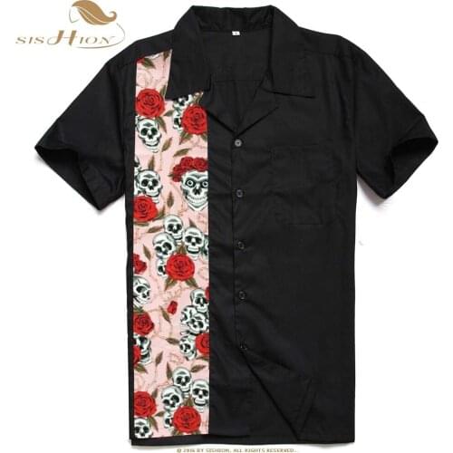 SISHION Dia De Los Muertos Vintage Men Short Sleeve ST110 Skull and Floral Cotton Rockabilly punk Men Clothing Black Shirt