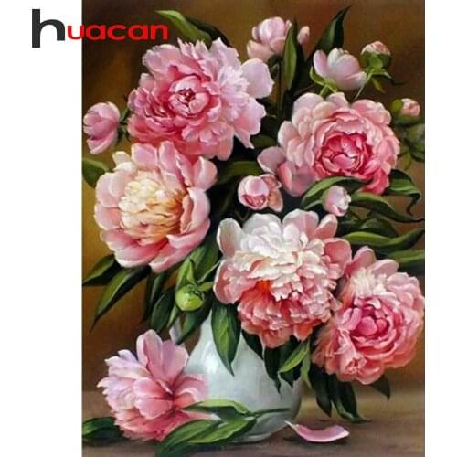 Huacan 5D DIY Diamond Embroidery Mosaic Flower Full Square Diamond Painting Vase Peony Kit Home Decor
