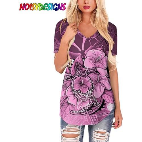 NOISYDESIGNS Pink T Shirt Women Short Sleeve Samoan Hibiscus Polynesian Tribal Lady Top New Summer Ladies Womens Female Tshirt