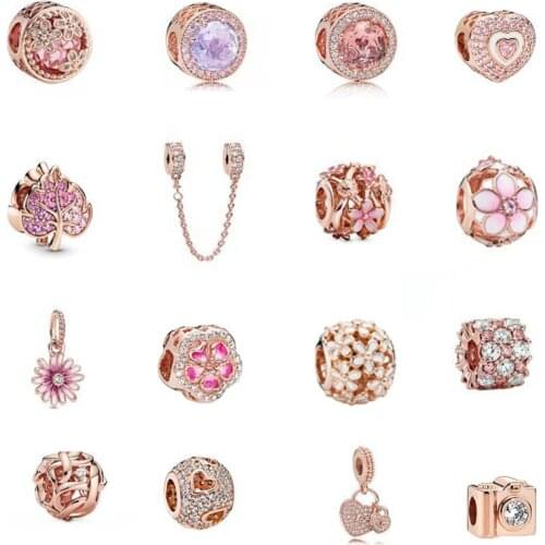 New Rose Gold Series Beaded Bow Heart-Shaped Beads Fit Original Charms Pandora Silver 925 Bracelet Bead DIY Women Jewelry