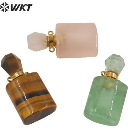 WT-P1637 New small square gold stainless steel gemstone carved perfume bottle pendant double loops jewelry perfume bottle
