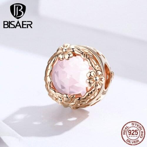 Pink Glass Beads BISAER 925 Sterling Silver Autumn Flower European Glass Beads Charms fit Charm Bracelets 925 Jewelry ECC1258