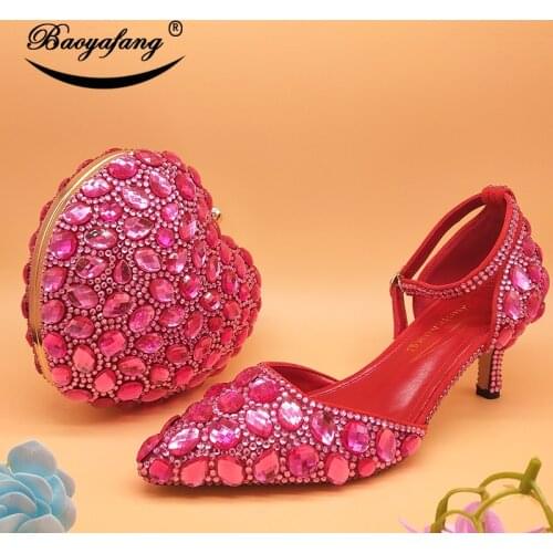BaoYaFang Fuschia pink Crystal Wedding shoes and bags Bride ankle strap shoe with matching bags Bridal party dress shoe Buckle