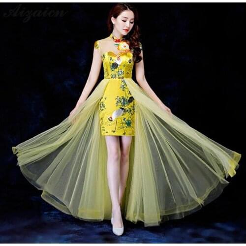 Yellow Yarn Skirt Femme Slim Embroidery Cheongsam Modern Elegant Gown Qi Pao Women Chinese Evening Dress Qipao Promotion Robe
