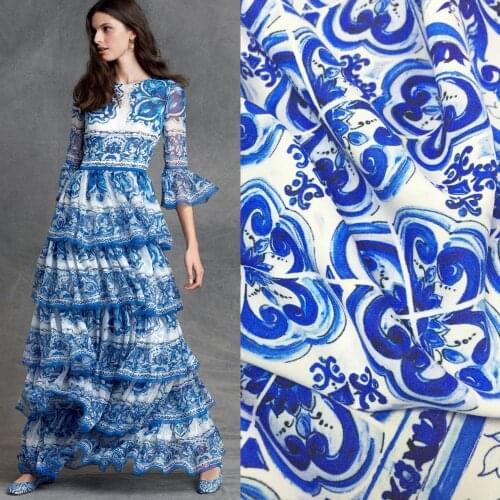 Blue and White Porcelain Series Large Flower Custom Fabric 100% Polyester Textile Digital Printing for Dress Home Design Sewing