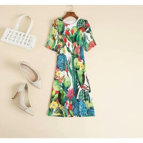 Womens European and American clothing 2021 summer new style 5 minutes of sleeve Cactus print Fashionable dress