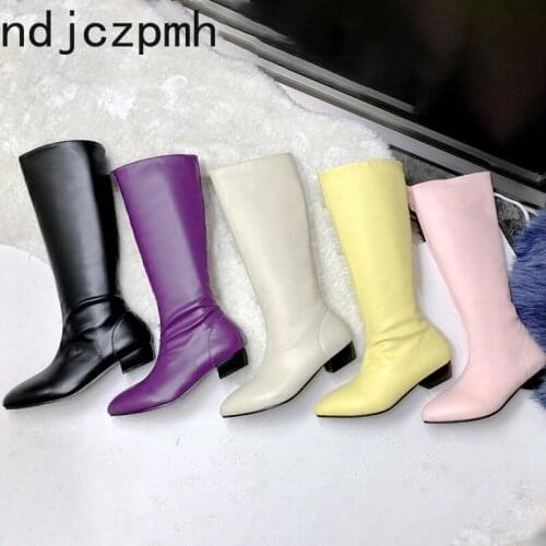 Knee High Boots The New Autumn and Winter Fashion Pointed Comfortable Square Heel Low-heeled Shoes Women Plus Size 34-48 Black