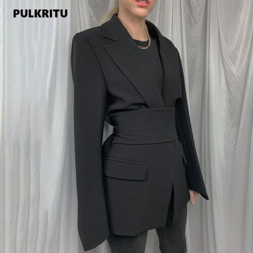 Pulkritu Women Long Sleeve Blazer INS Basic Elegant Office Lady Autumn Winter with Sashes Blazers Tops