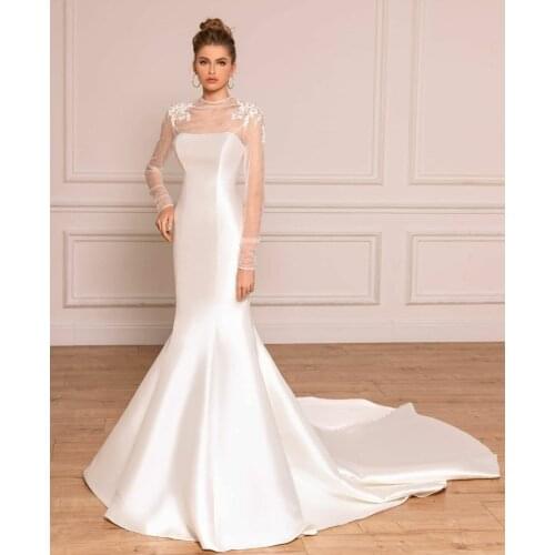 Vintage Long Sleeve Lace Wedding Dresses Mermaid Satin O-Neck Illusion Back Robes De Mariée Bridal Gown For Women