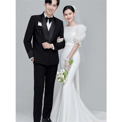 Scoop French Style Sweep Train Wedding Dress Elegant Soft Satin Mermaid Backless Bridal Gowns vestidos de mairee Wedding