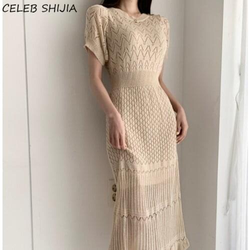 Korean Knitted Summer Dress Women O-neck High Waist Long Dresses Vestidos Woman Chic Elegant Apricot Slim Dress Female