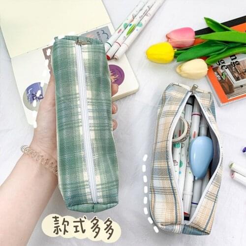 1pc ins net red simple lattice pencil case large capacity student canvas stationery bag octagonal pencil case pencil case