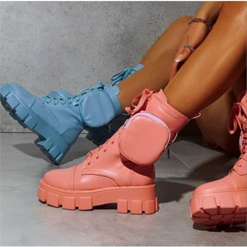 2020 Fashion Platform Boots Women Pocket Ankle Boots Chunky Thick Sole Pouch Leather Ankle Boots Punk Women Plus Size