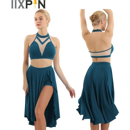 Ballet Dress Halter Sleeveless Crop Tops Asymmetrical Latin Dance Skirt Ballet Tutu Women Contemporary Lyrical Dance Costumes