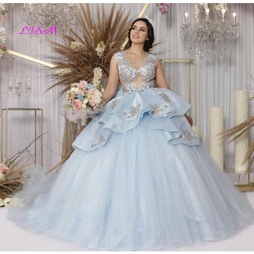 Light Blue Ball Gown Quinceanera Dress 2021 Sheer Neck Tulle Bow Tiered Appliques Princess Sweet 16 Gowns Vestidos De 15 Años
