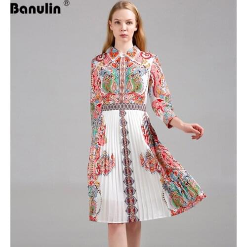 Banulin Women Long Sleeve Dress Spring Autumn Runway Pearl Buttons Down Charming Floral Pleated Midi Dress robe ete femme 2020