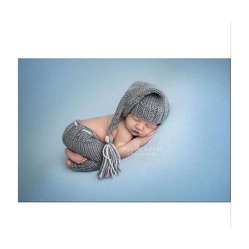 Free shipping, Handmade Newborn Baby gray Pixie Elf Hat & Pants Crochet 2pc Set newborn knitting Photo Props size:0-1m,3-4m