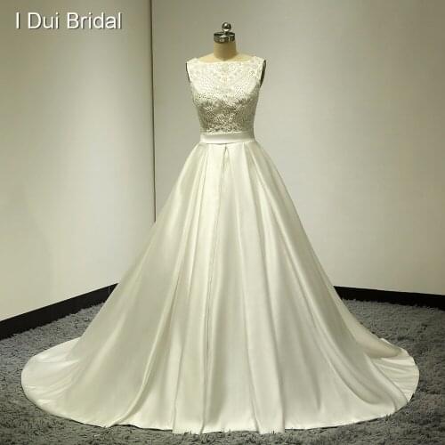 Beaded Satin Wedding Dresses Bow Tie Keyhole Back Factory Real Photo Custom Made High Quality ELS-011